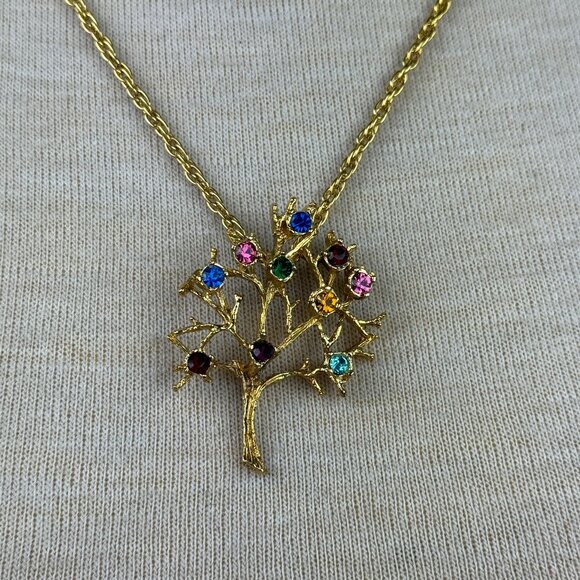 Vintage Jewelry - Vintage Rhinestone Gold Tone Tree of Life Family Tree Pendant Necklace